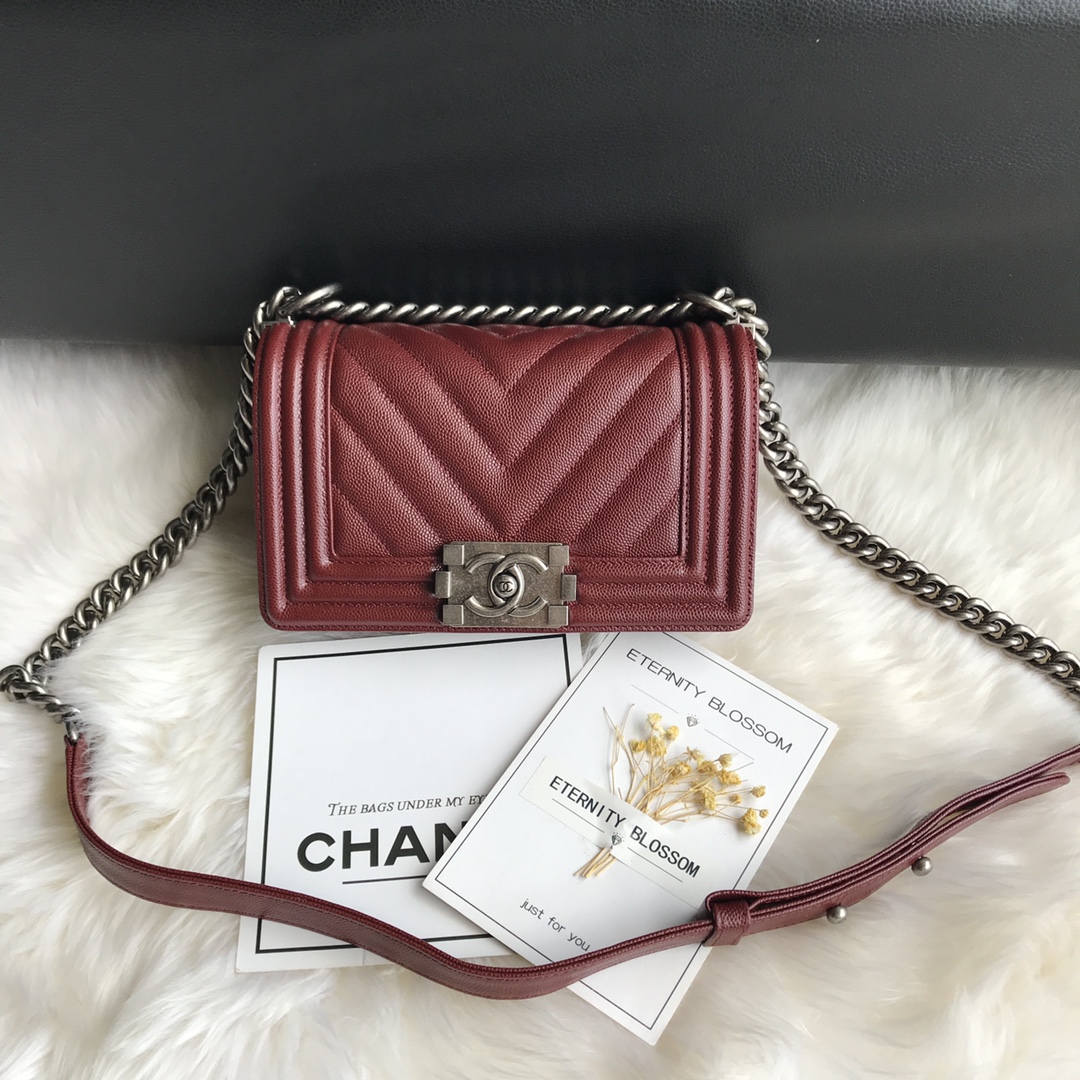 Caviar Small Boy Handbag Flap Bag A67085 Burgundy/Silver